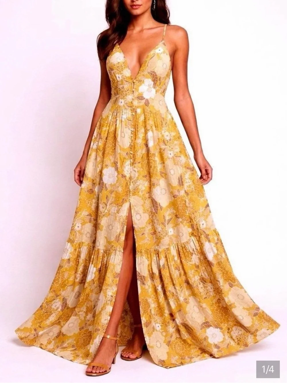 NWT Abercrombie & Fitch Linen Yellow Floral Plunge Maxi Dress